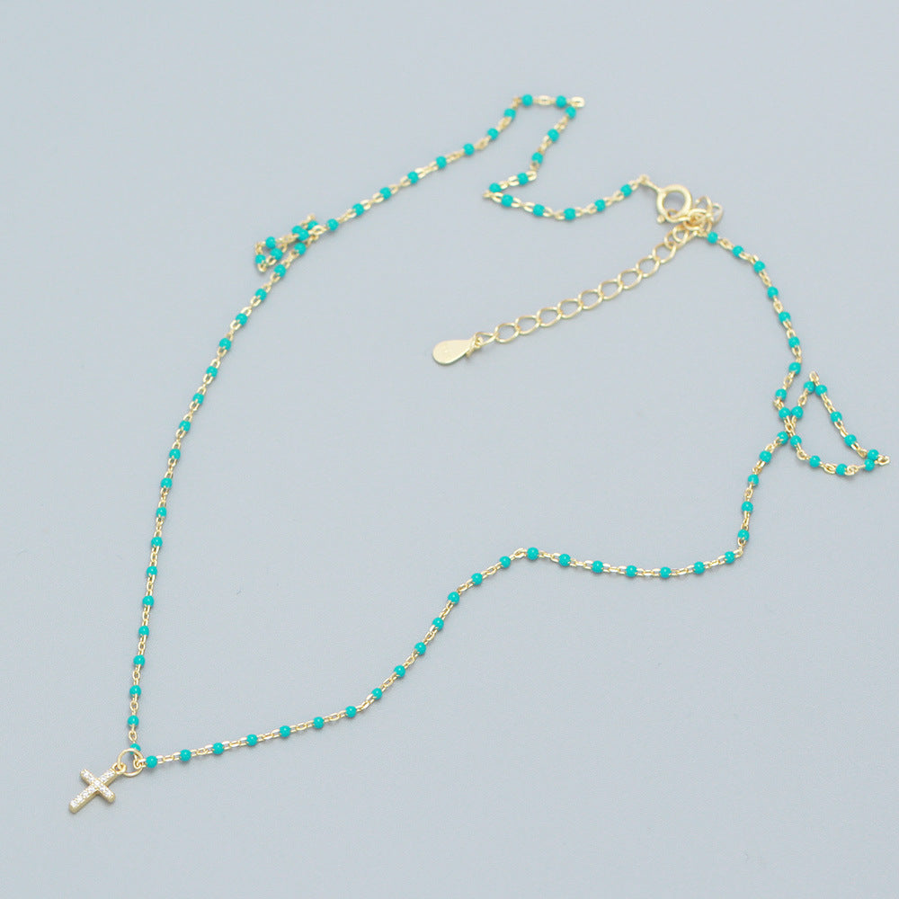 S925 Sterling Silver Cross Pendant Necklace with Rhinestone Inlay, Minimalist Luxury Design for Women, Resin Coated, Fashion Casual