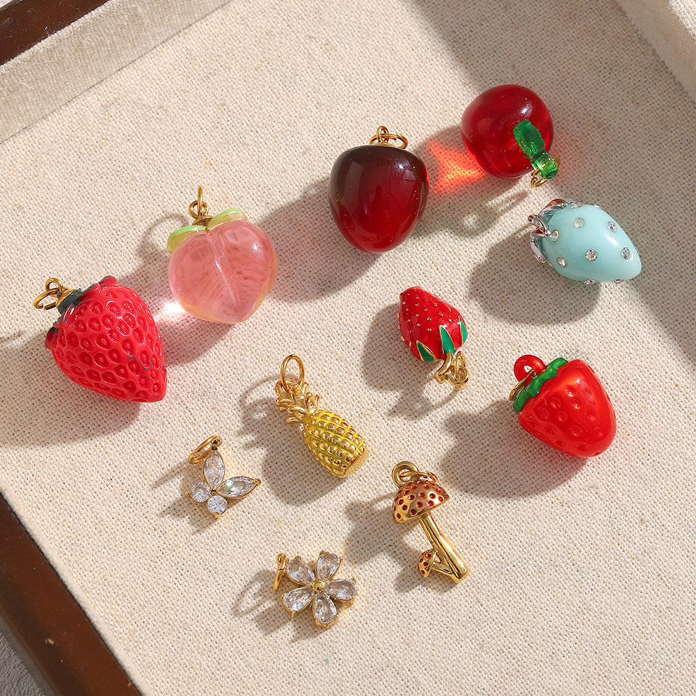 Elegant 18K Gold Plated Stainless Steel Butterfly Flower Fruit Cubic Zirconia Charm Bar Pendant