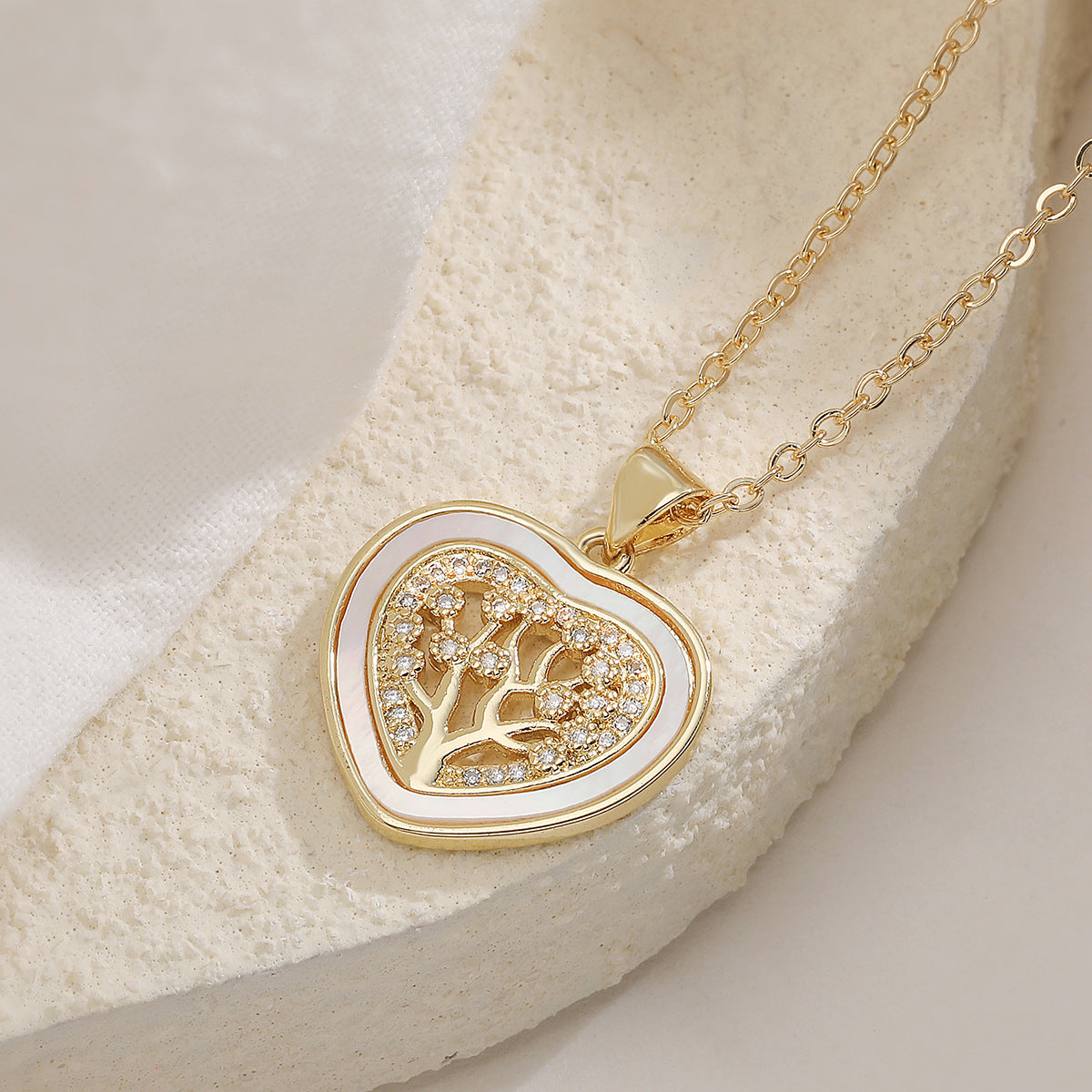 Minimalist Gold Plated Brass Geometric Tree of Life Pendant Necklace with Cubic Zirconia for Women