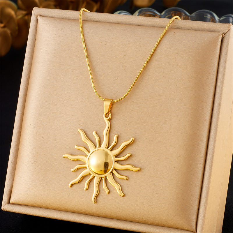 Elegant Gold Plated Stainless Steel Sun Totem Pendant Snake Chain Necklace for Women