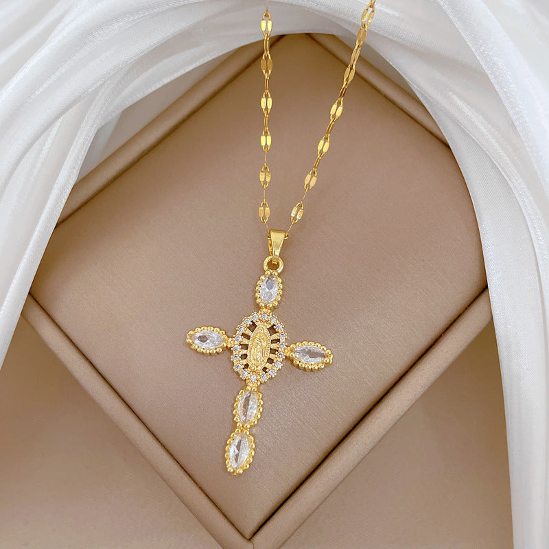 Sweet Full Rhinestone Cross Geometric Titanium Steel Necklace for Unisex