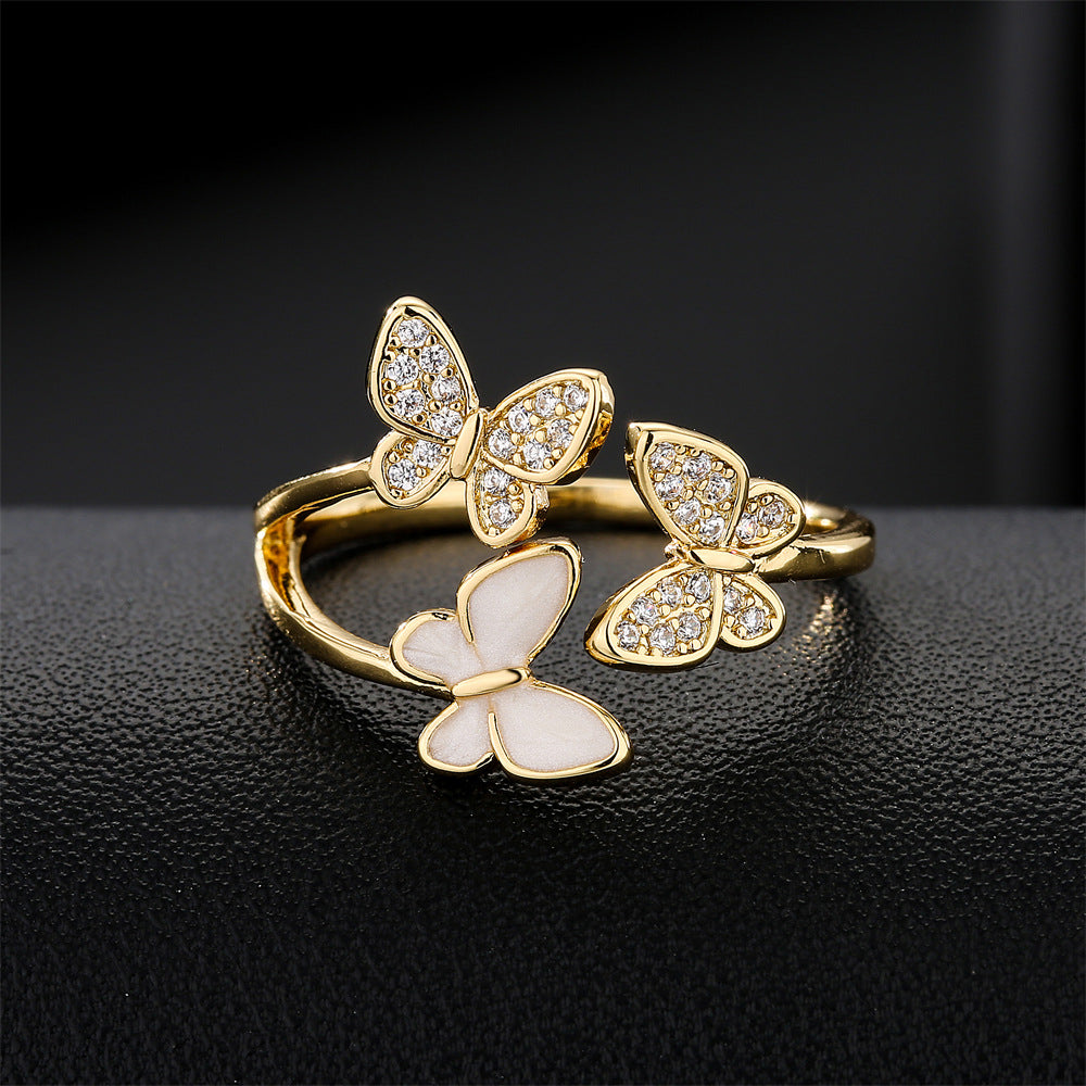18K Gold Plated Brass Micro-Inlaid Cubic Zirconia Butterfly Ring for Women
