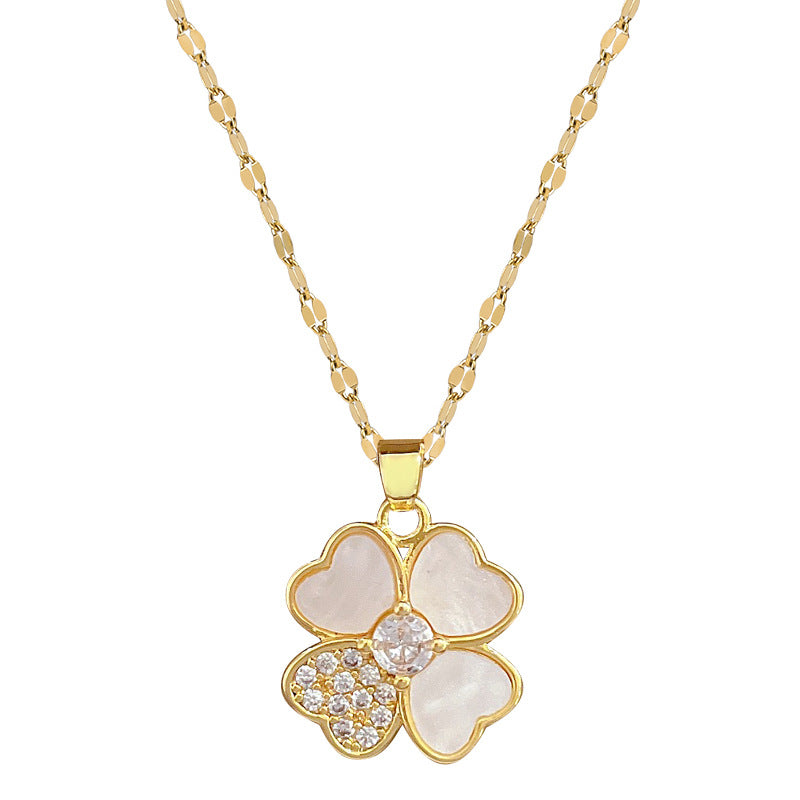 Cartoon Style Clover Shell Geometric Pendant Necklace for Women in Titanium Steel with Rhinestone Inlay Locket Chain