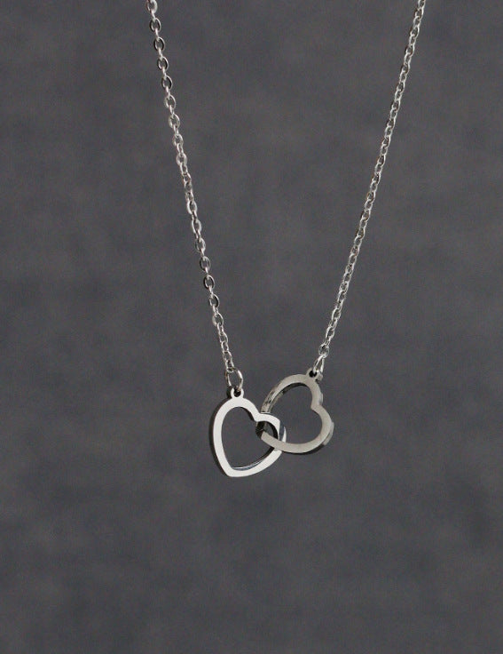 Sweet 18K Gold Plated Double Ring Heart Titanium Steel Necklace for Women