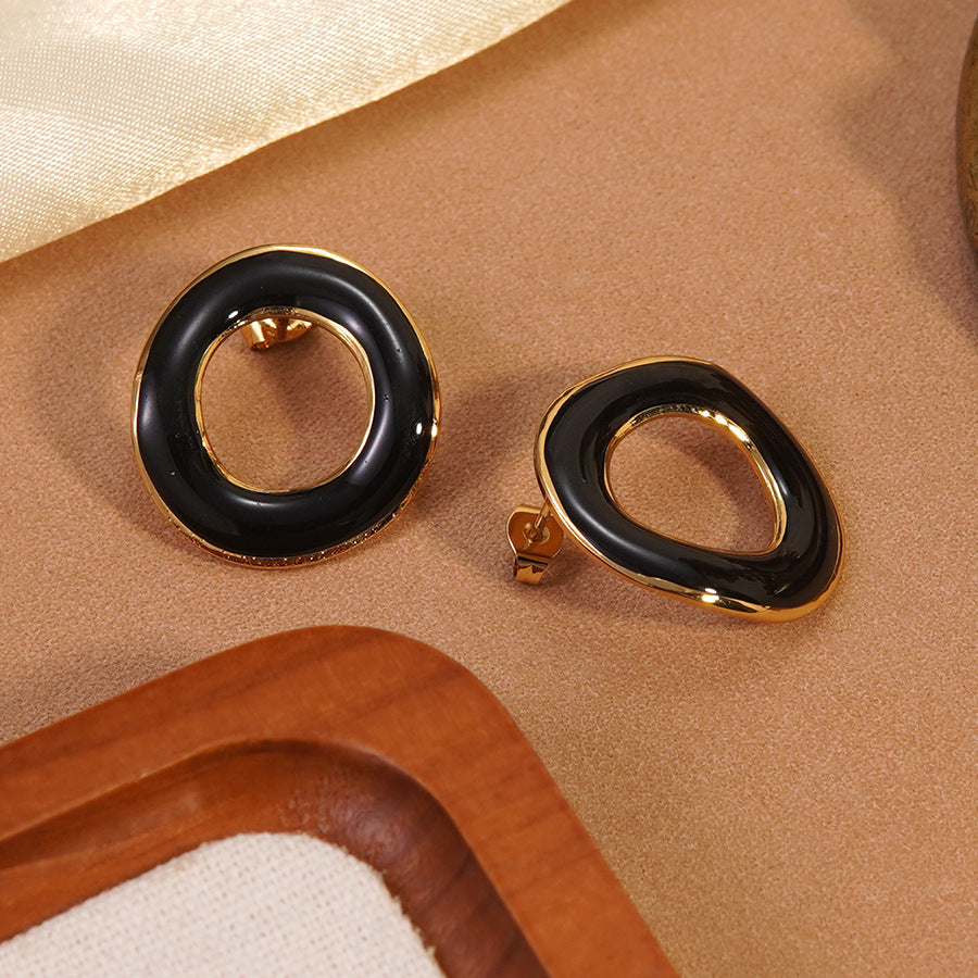 Casual Round Geometric Drip Oil Stainless Steel Stud Earrings for Women