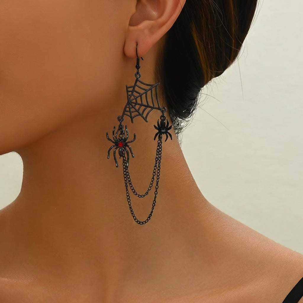 Punk Hollow Spider Web Tassel Earrings Alloy Plated Studs for Unisex