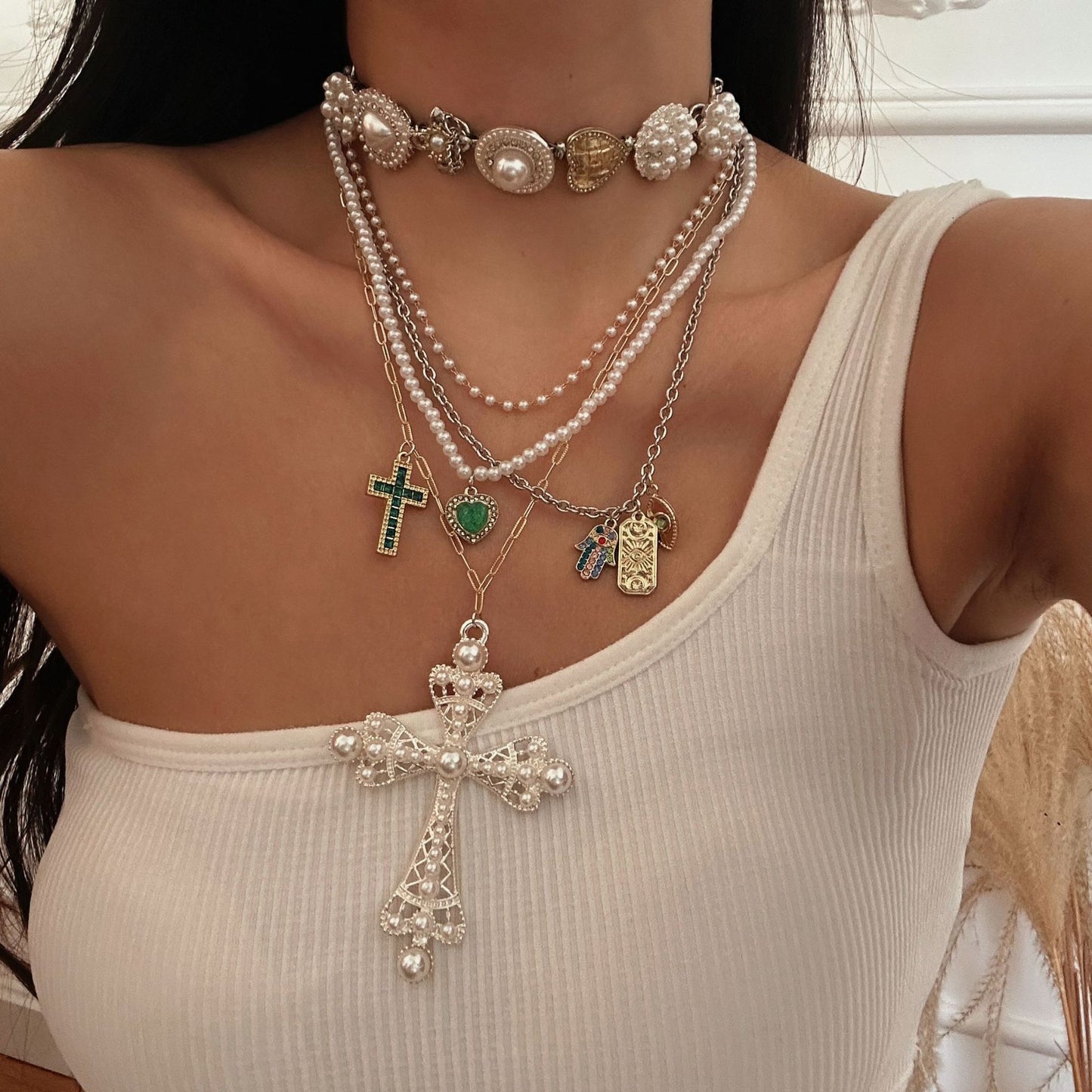 Collana multistrato da donna vintage dolce di lusso con cuore geometrico placcata in lega