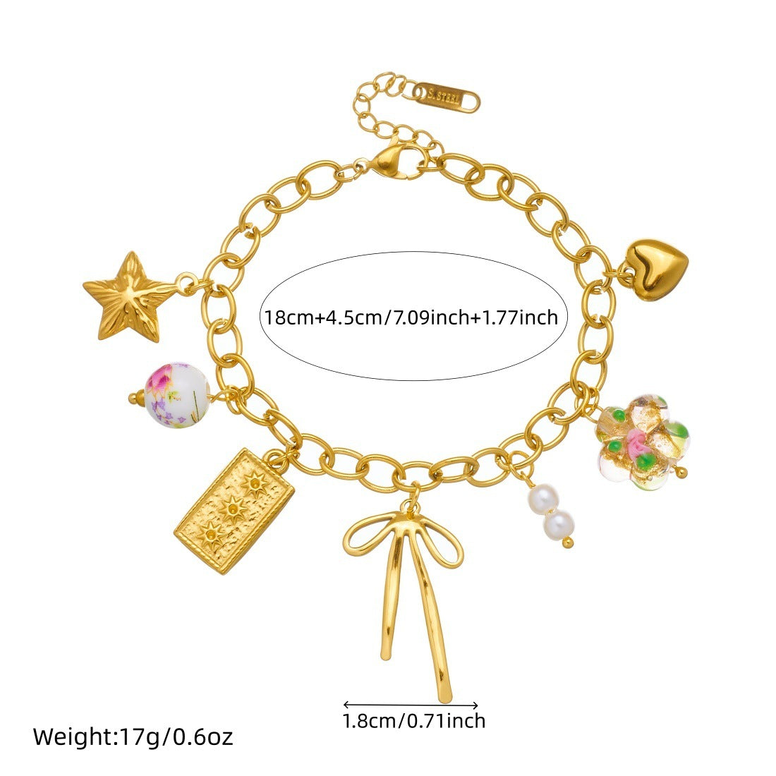 Sweet Gold Plated Stainless Steel Bracelet with Bow and Star Ceramic Charms