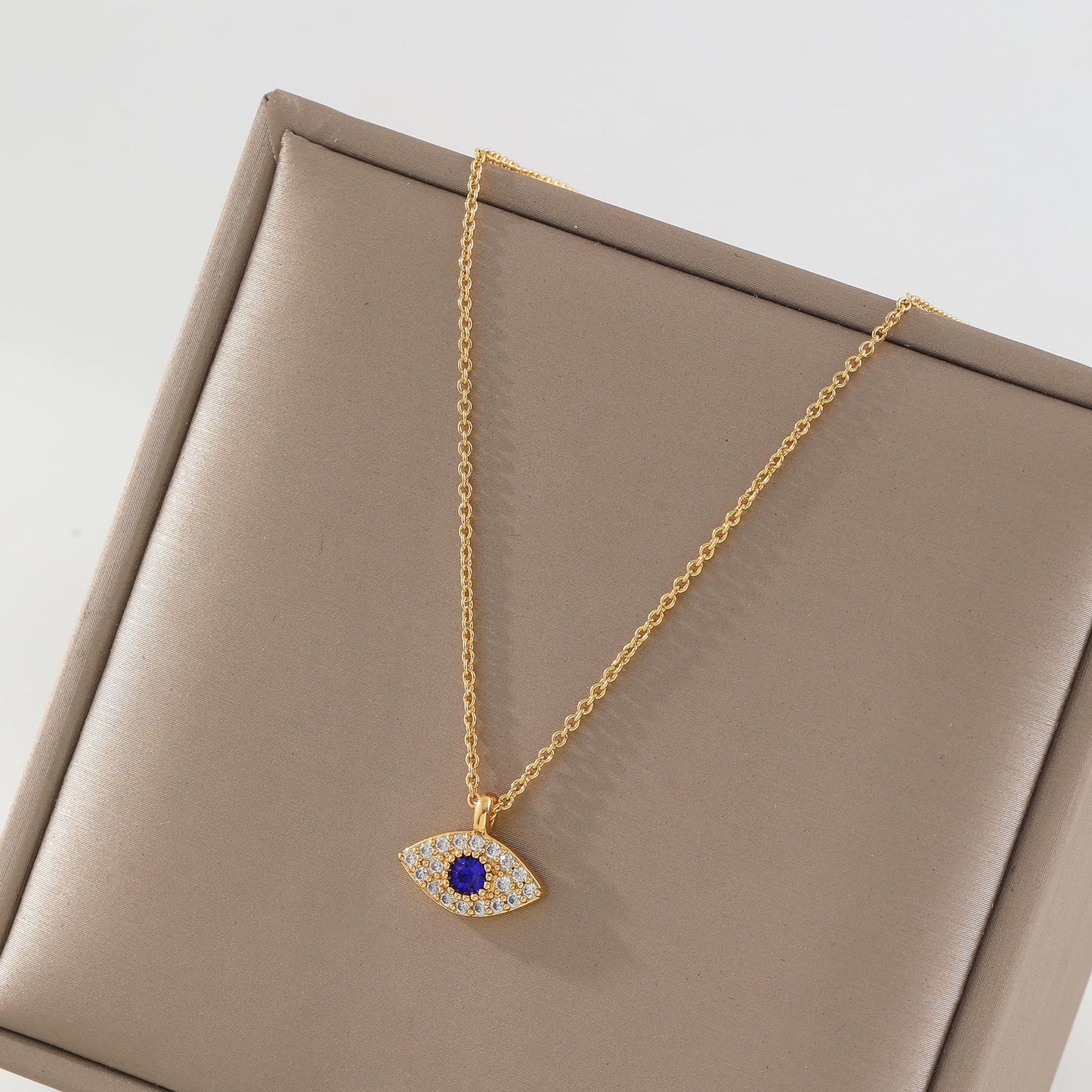 Gold Plated Brass Evil Eye Pendant with Cubic Zirconia on Adjustable Stainless Steel Cable Chain Necklace for Unisex