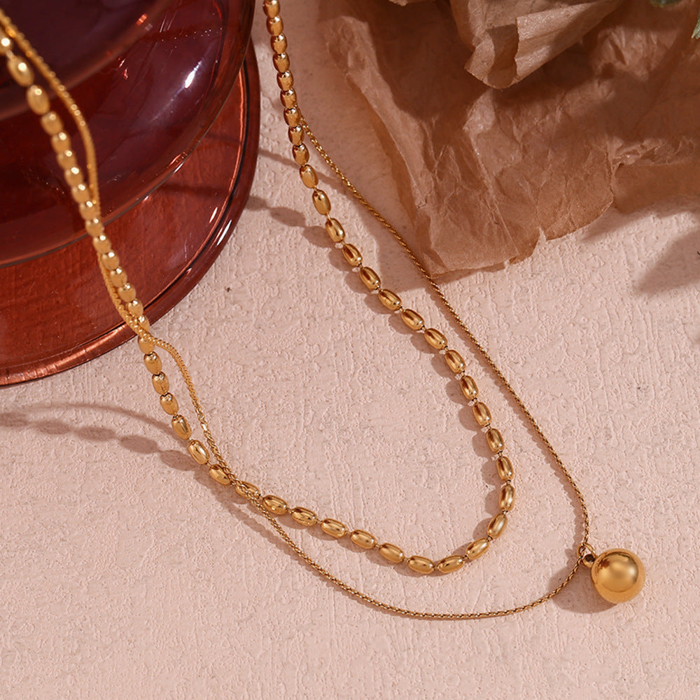 Minimalist Geometric Stainless Steel Pendant Necklace for Women with 18K Gold Plating and Double-Layer Pearl Beads