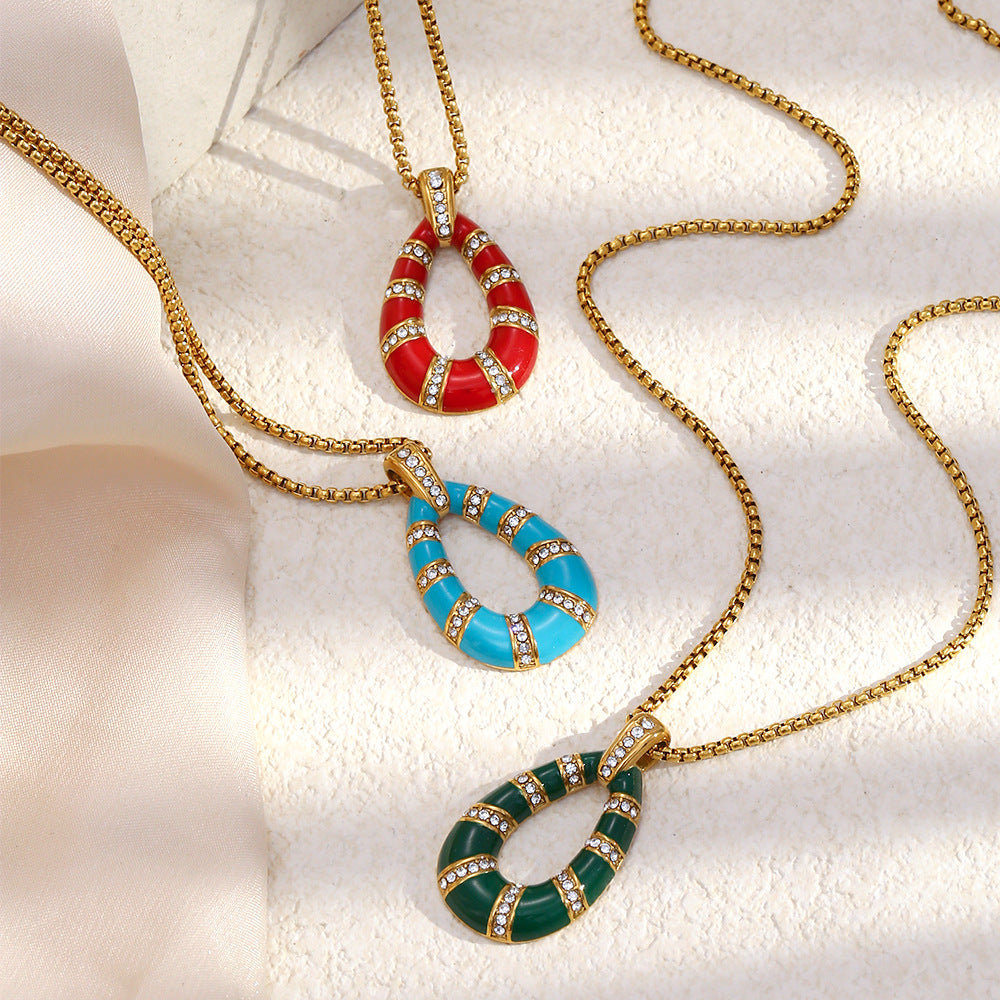 Elegante Collana a Pendente Minimalista Geometrica Retrò Francese in Acciaio Inossidabile Placcato Oro 18K con Dettagli in Smalto da Donna