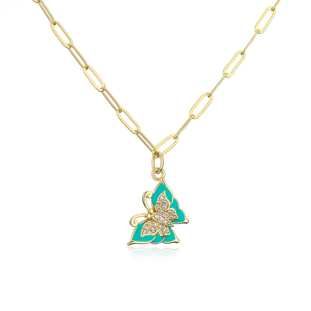 Minimalist Butterfly and Dragonfly Pendant Necklace for Women with Copper Base Plated in 18K Gold and Zircon Inlay