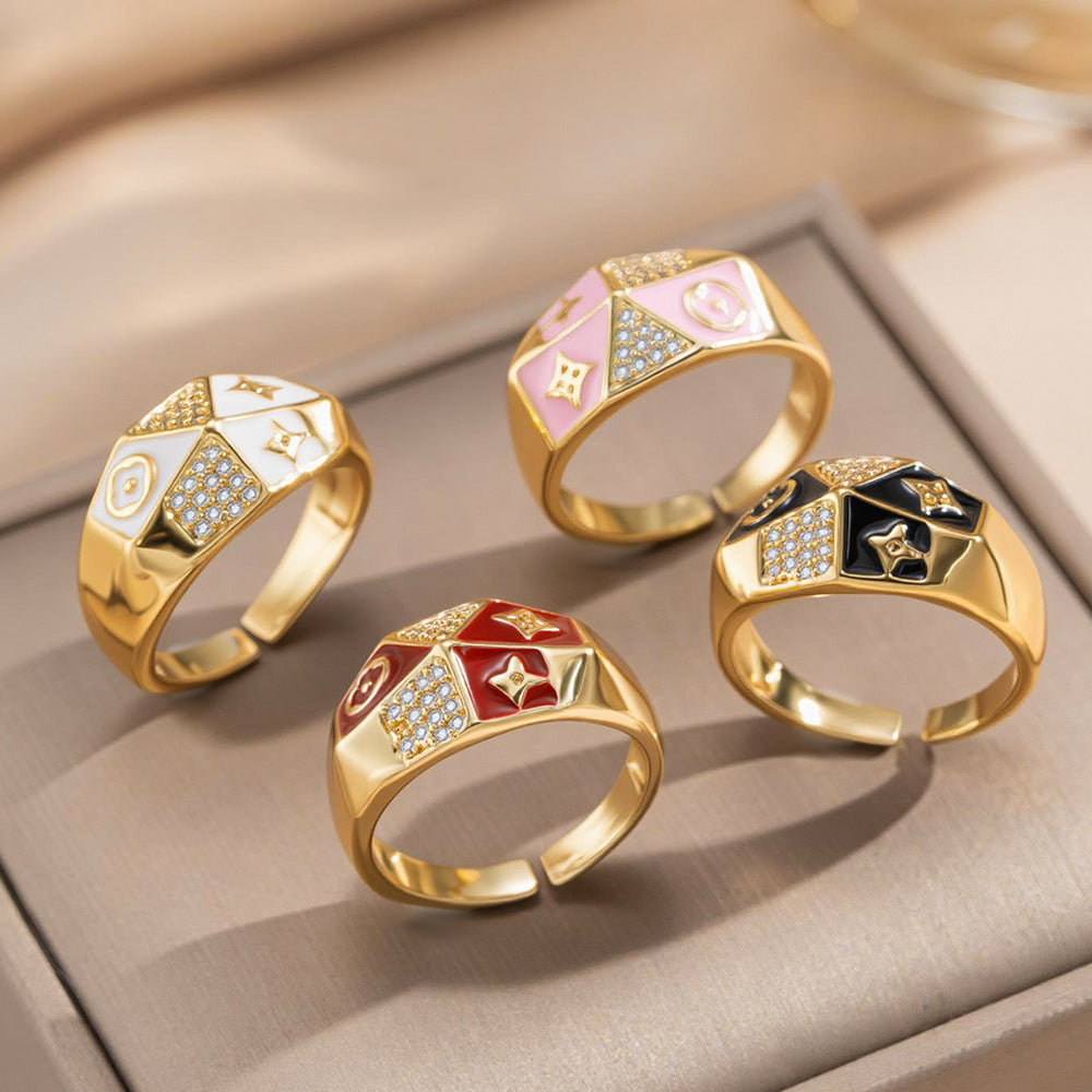 Vintage Court Style 18K Gold Plated Copper Enamel Floral Zircon Open Ring for Unisex