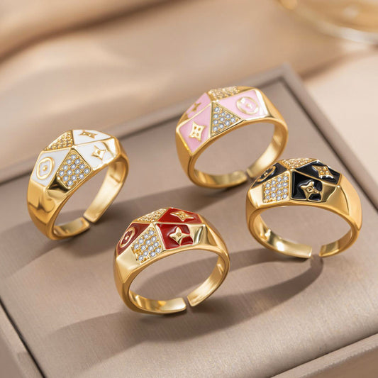 Anello Aperto Floreale Unisex Stile Corte Vintage in Rame Placcato Oro 18K con Zirconi e Smalto