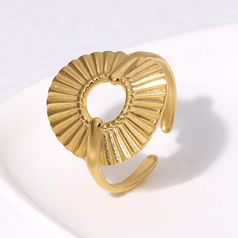 Anello Aperto da Donna in Acciaio Inossidabile con Motivo Geometrico Increspato, Stile Ins, Placcato Oro 18K