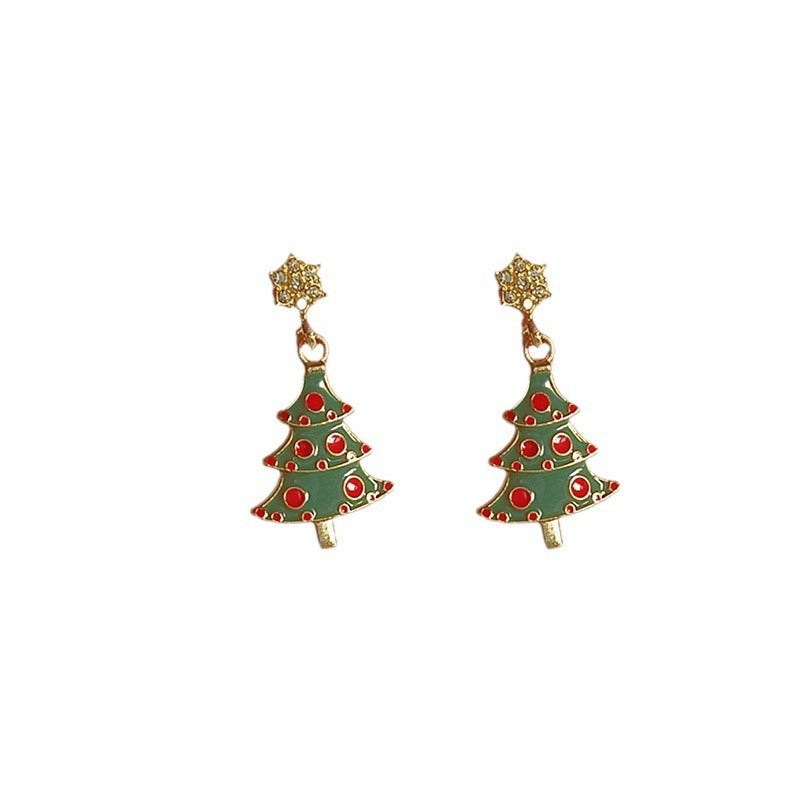 Pendientes de tuerca con forma de árbol de Navidad y diamantes de imitación rosas para mujer, con base de aleación de zinc y acabado galvanizado.