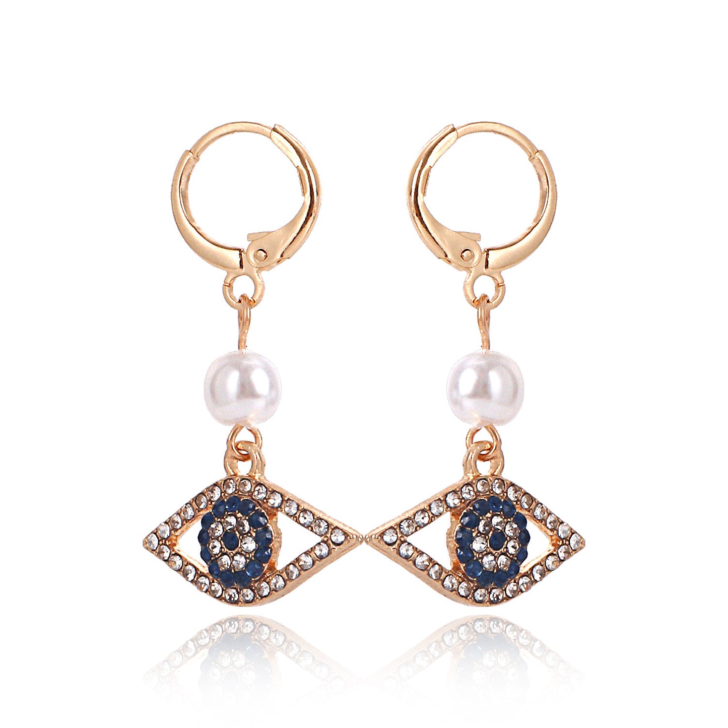 Geometric Blue-Eye Pearl Pendant Earrings for Women with Micro-Pave Rhinestones in Alloy with Plated Finish