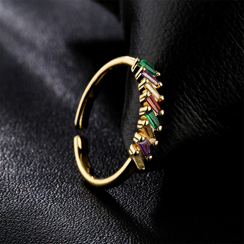 Minimalist 18K Gold Plated Geometric Square Brass Ring with Cubic Zirconia Inlay for Women