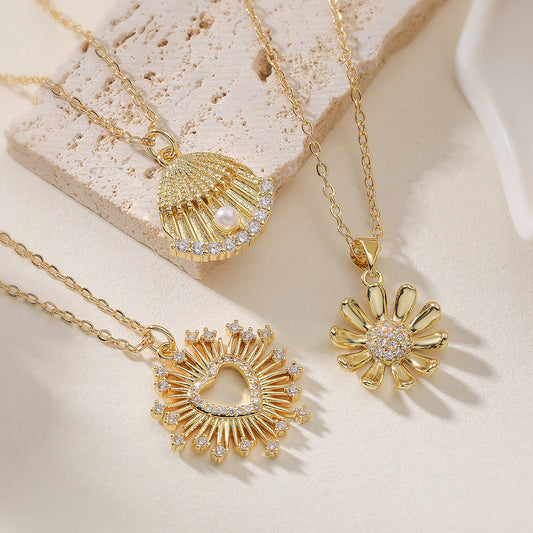 Minimalist 18K Gold Plated Brass Heart Geometric Floral Cubic Zirconia Pendant Necklace