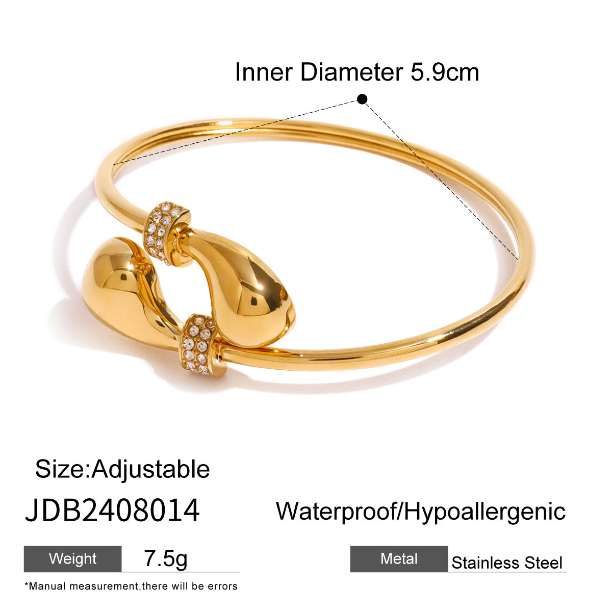 Elegante bracciale da donna placcato in acciaio inossidabile a forma di goccia con intarsi di strass
