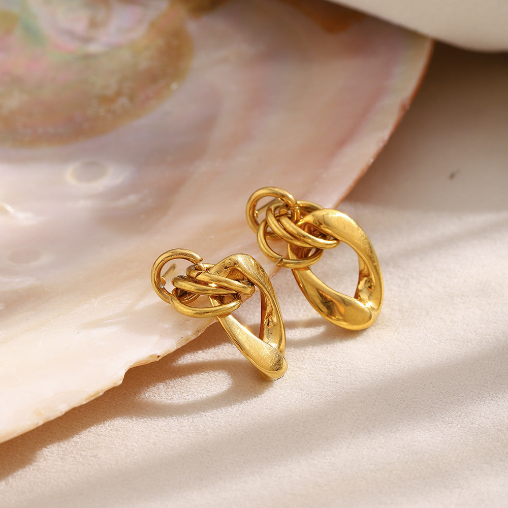 Minimalist Geometric Stainless Steel Earrings with 18K Gold Plating and Rhinestone Accents for Women