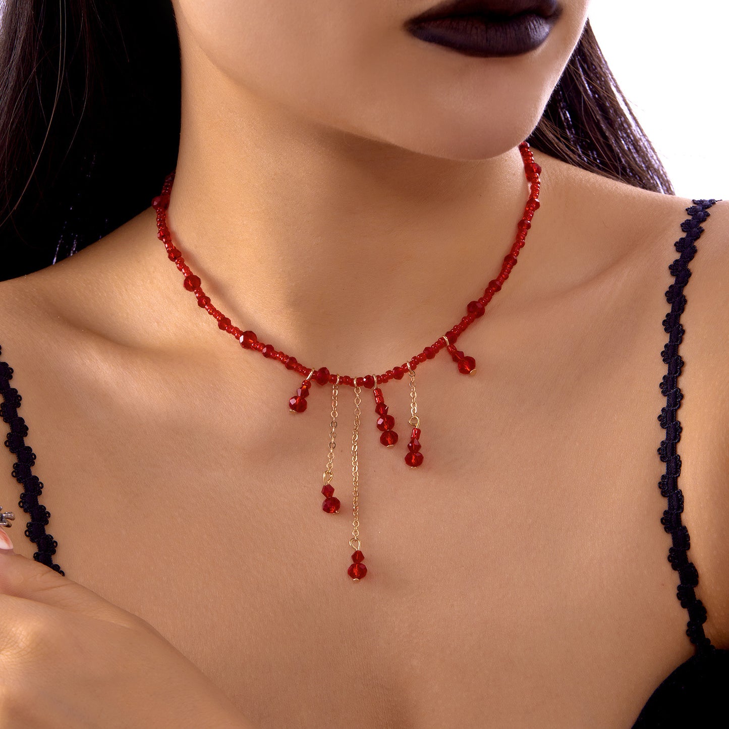 Collar con colgante de cristal geométrico vintage en forma de gota de sangre para mujer con cadena O y motivo de calabaza y calavera de Halloween