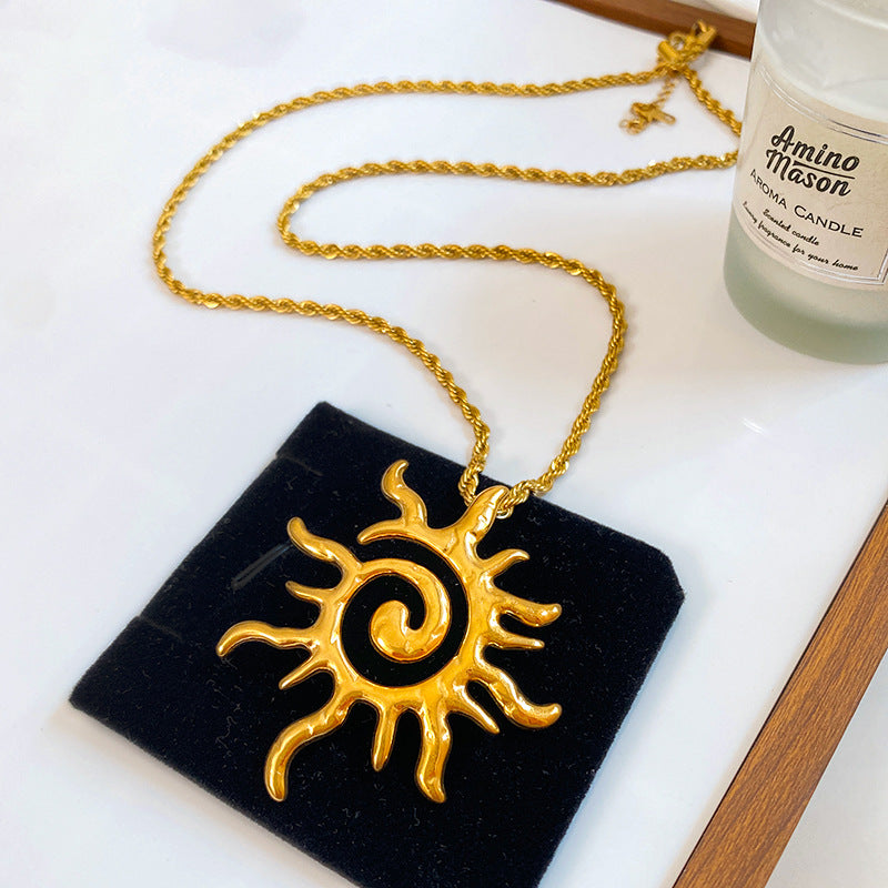 Vintage Hollow Sun Totem Titanium Steel Necklace with Rope Chain