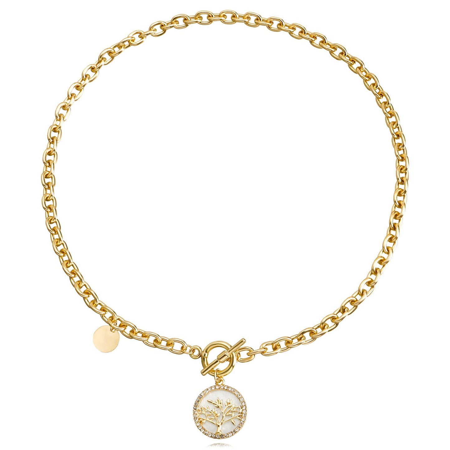 Fashionable Geometric Tree of Life Pendant Necklace for Women with Mother-of-Pearl Inlay and Rhinestone Accents on Electroplated Alloy Chain