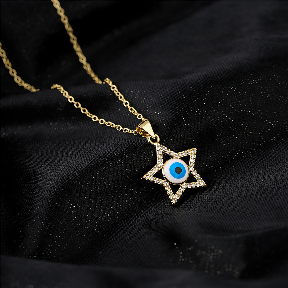 18K Gold Plated Brass Heart Star Evil Eye Pendant Necklace with Cubic Zirconia Inlay on Cable Chain