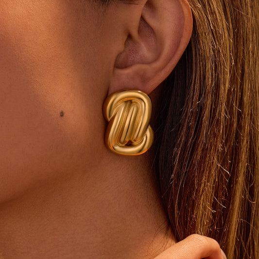 Minimalist French Style Geometric Asymmetrical Stainless Steel Earrings with 18K Gold Plating for Women