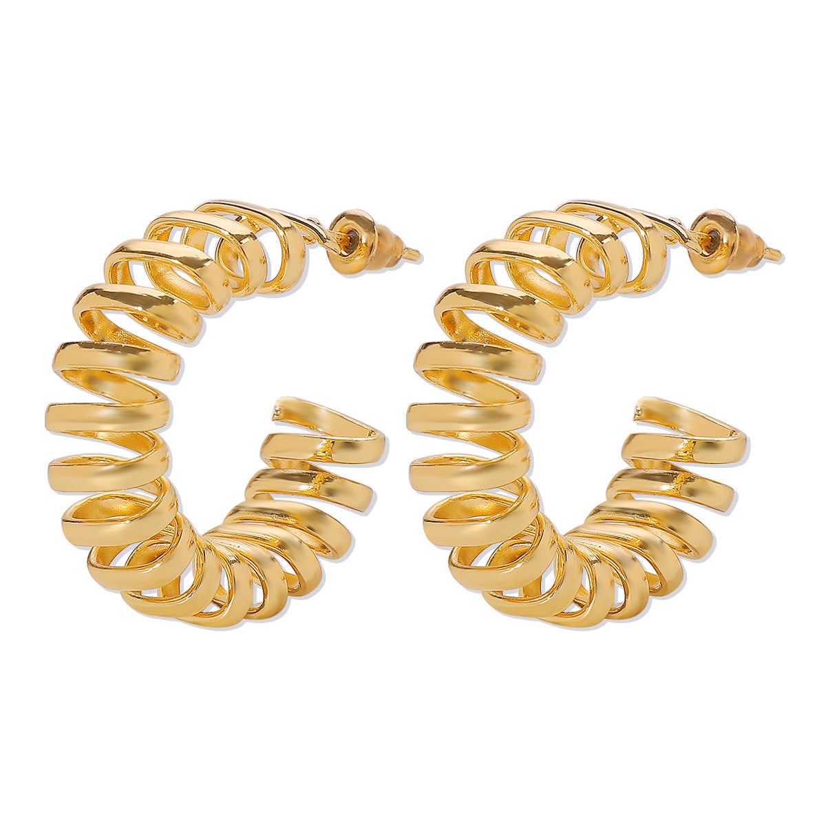 Pendientes de aro geométricos de aleación, dulces y atrevidos, con diseño de muelle en forma de C y detalle espiral hueco