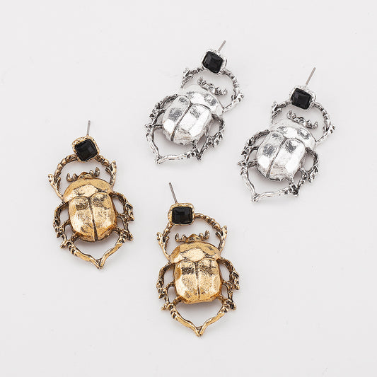 Pendientes de aleación con forma de escarabajo, estilo vintage exagerado, para mujer, con acabado galvanizado