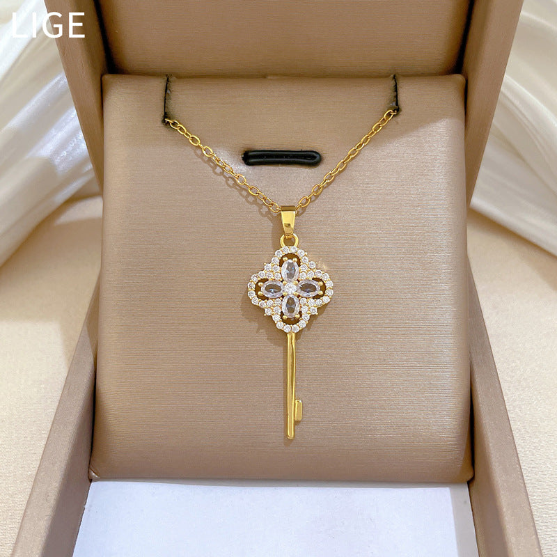 Sweet Minimalist Geometric Rhinestone Clover Key Pendant Titanium Steel Necklace for Unisex