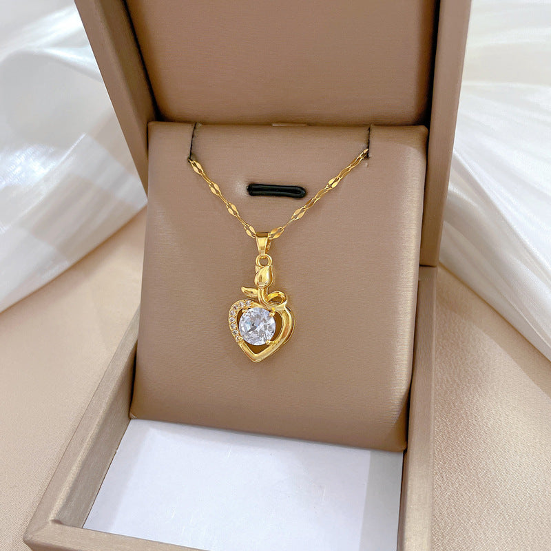 Collar de Acero de Titanio con Forma de Corazón Estilo Dibujo Animado y Incrustaciones de Pedrería para Mujeres, Cadena de Clavícula de Moda