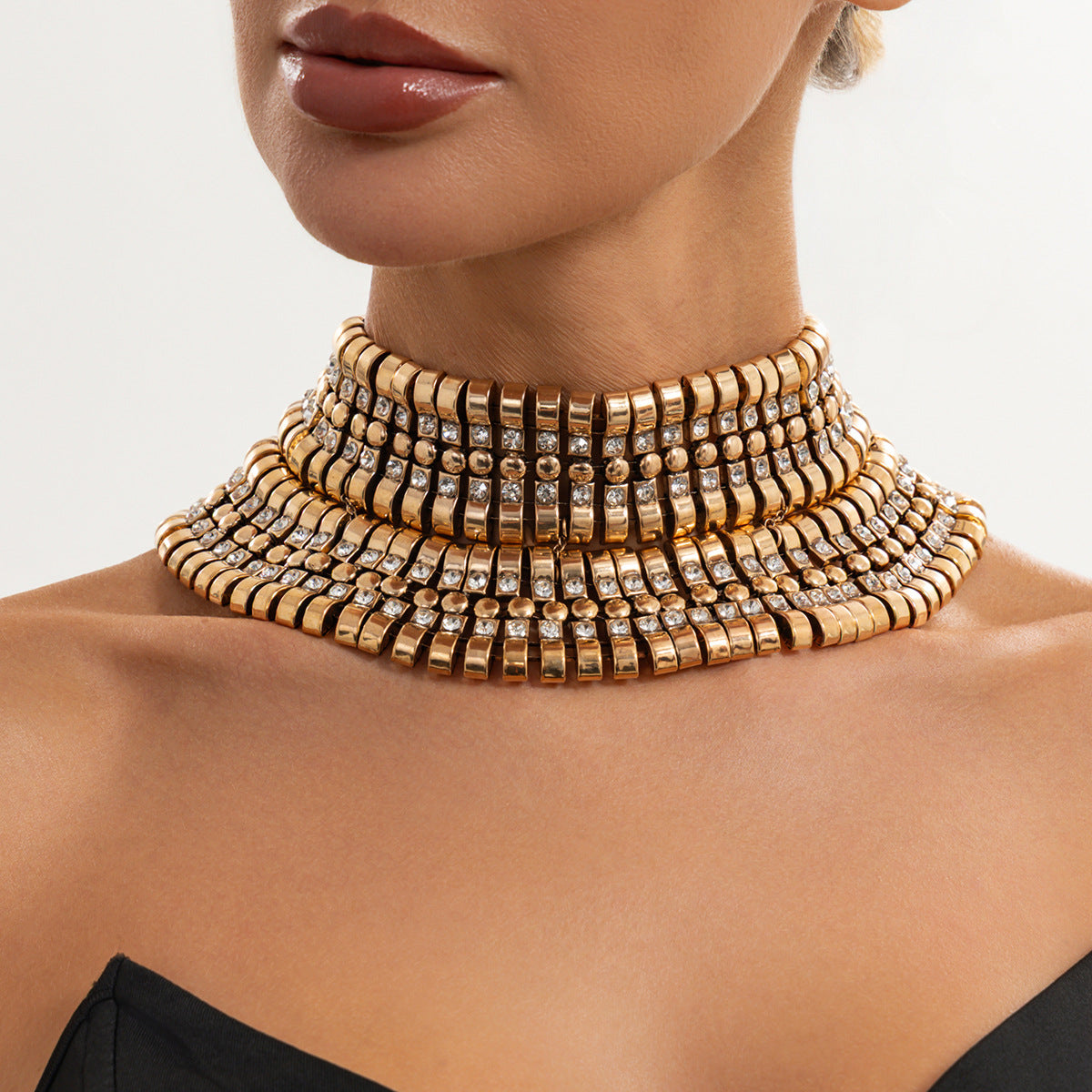 Exaggerated Luxury Geometric Square Rhinestone Plated Alloy Multi-layer Necklace for Women