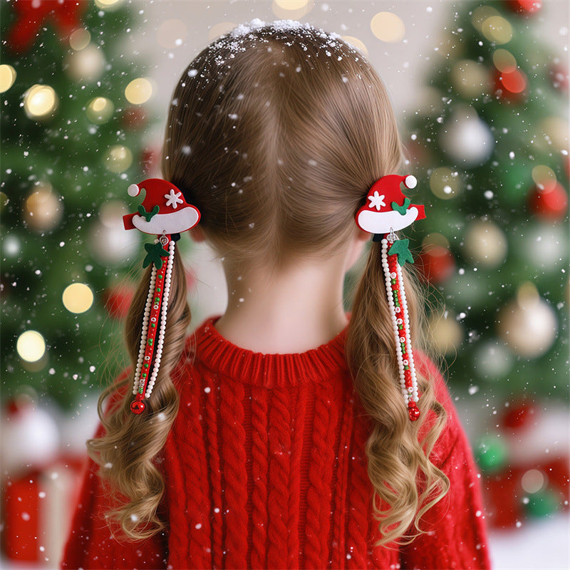 Fermaglio per capelli a forma di albero di Natale per bambini con nappe e perline di vetro in colore verde, stile festivo per le vacanze