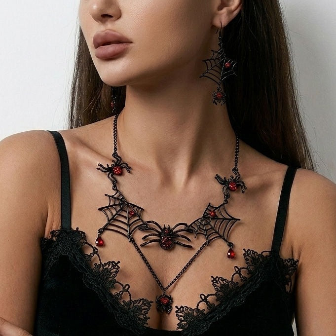 Gothic Punk Spider Web Crystal Pendant Plated Alloy Necklace for Women Halloween Party Jewelry