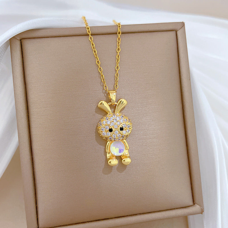 Sweet Luxury Cartoon Rabbit Geometric Rhinestone Pendant Titanium Steel Necklace for Unisex