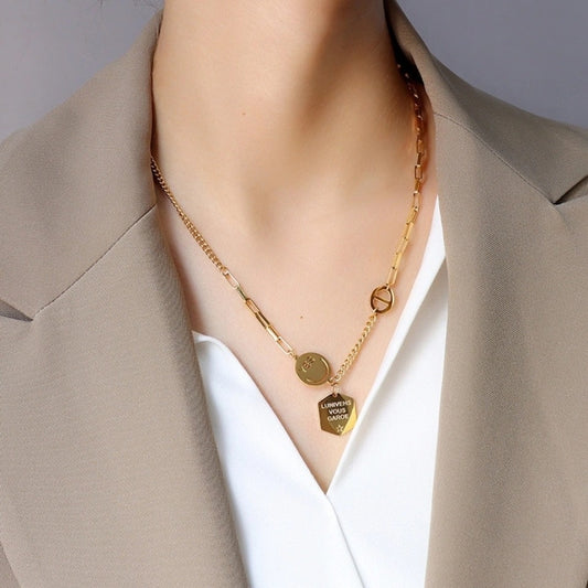 Minimalist Hexagonal Smile Letter Necklace for Women in Titanium Steel with 14K Gold Plating on O-Chain
