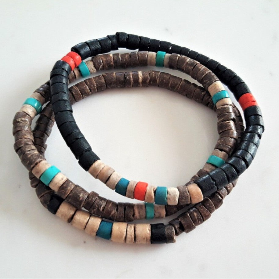 Bohemian Round Wood and Turquoise Beaded Stretch Bracelet for Men and Women