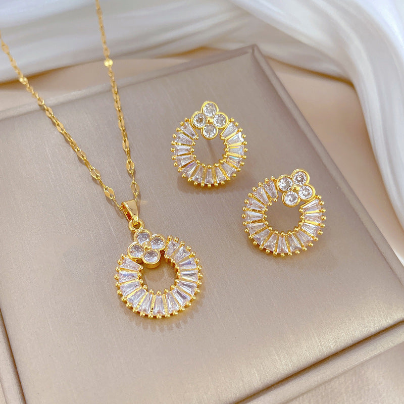 Minimalist Sweet Geometric Clover Micro-set Cubic Zirconia Titanium Steel Necklace and Earring Set for Women
