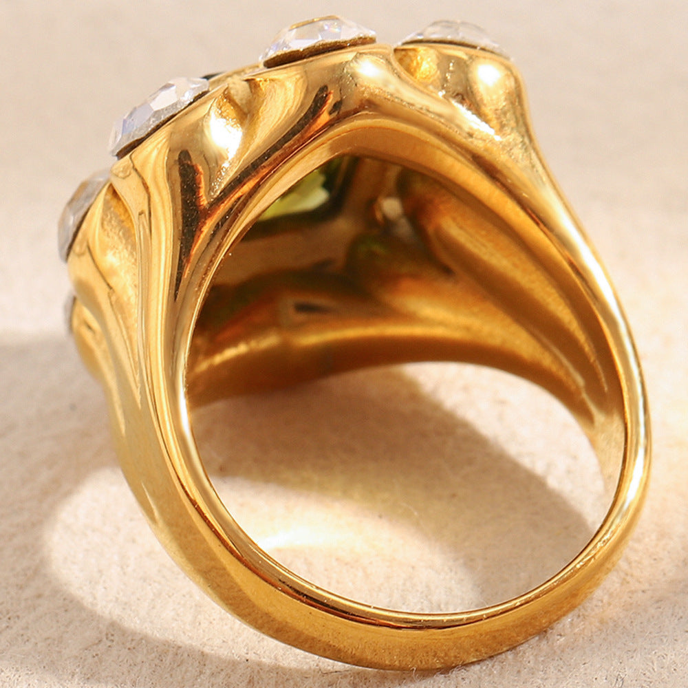 Anello quadrato geometrico in zircone in stile francese da donna in acciaio inossidabile con placcatura in oro 18 carati, gioielli di lusso leggeri