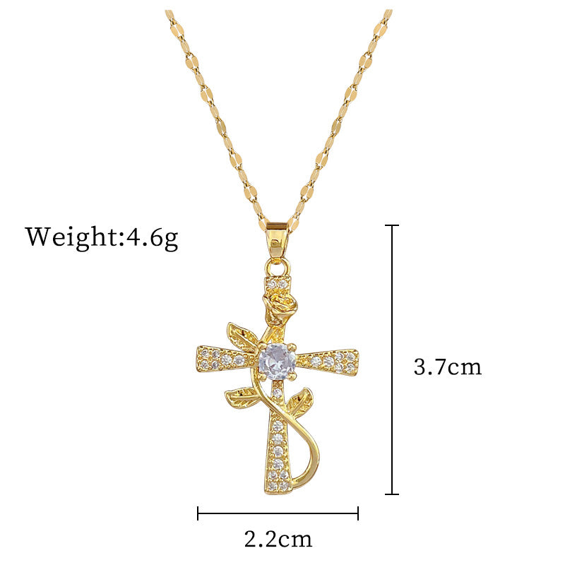 Luxury Titanium Steel Cross Flower Pendant Necklace for Women with Rhinestone Inlay, Geometric Design, Delicate Clavicle Chain