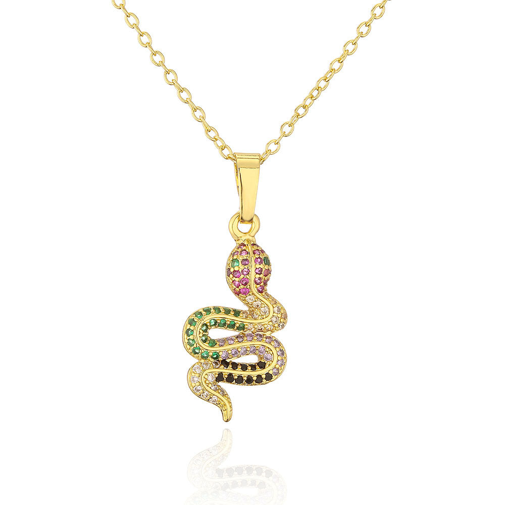 Minimalist Snake-Shaped Pendant Necklace for Women Made of Copper with 18K Gold Plating and Zircon Inlay
