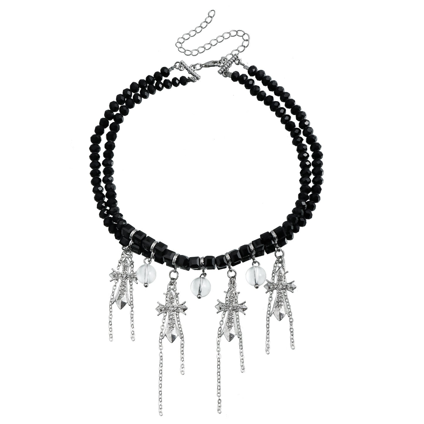 Geometric Cross Pendant Necklace with Rhinestone Inlay Glass Ball and Tassel Detail for Women