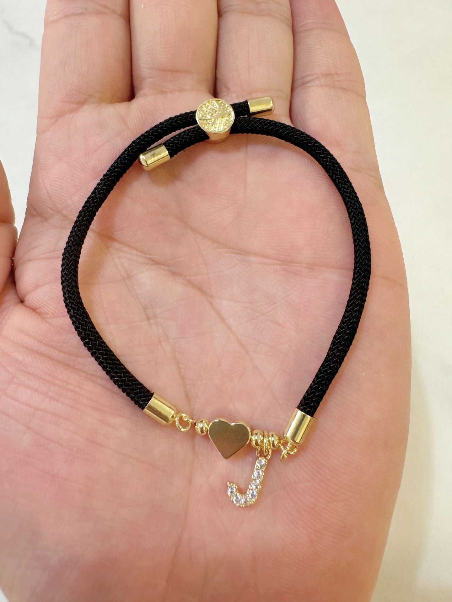 Minimalist Letter Heart Brass Plated Cubic Zirconia Bracelet with Adjustable Black Cord for Women