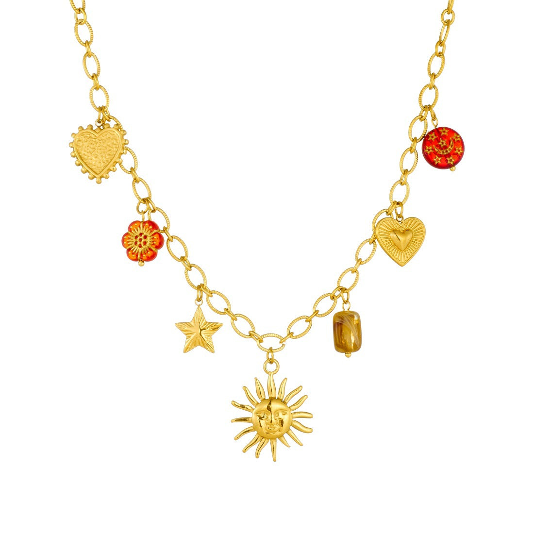 Vintage Elegant Round Heart Floral Stainless Steel Plated Pendant Necklace and Bracelet Set for Women with Cable Chain