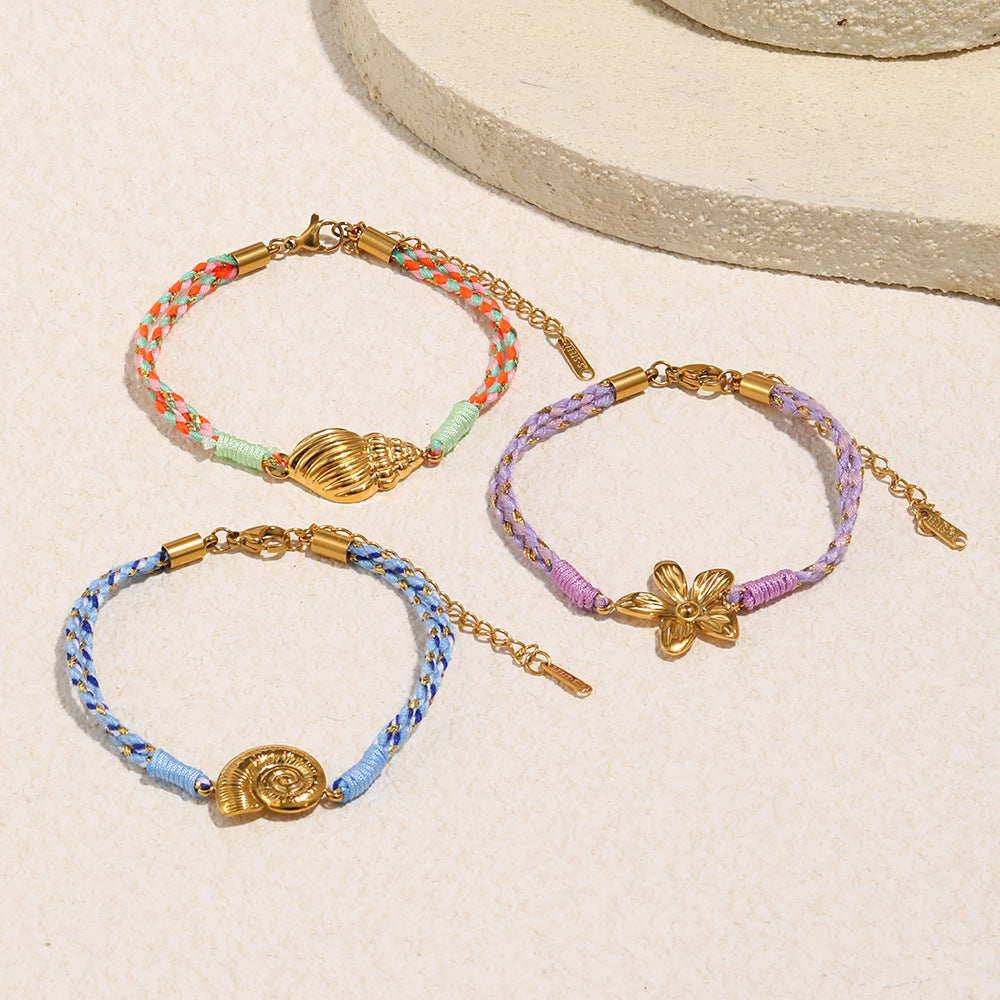 Minimalist Geometric Seashell and Floral Bracelet for Women with Stainless Steel 18K Gold Plated Accents and Cotton Cord