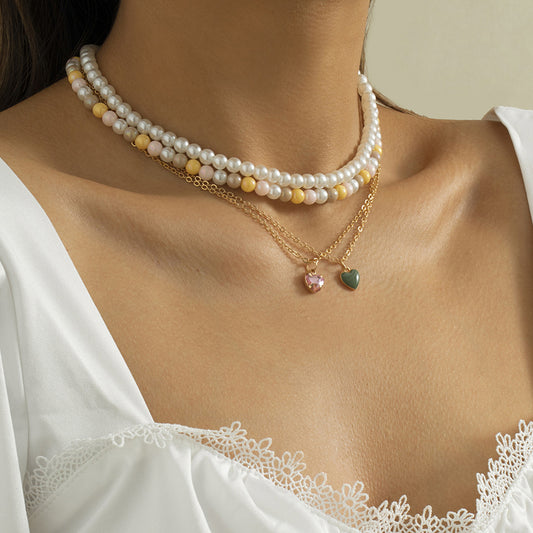 Retro French Palace Style Heart-Shaped Alloy Necklace Set with Rhinestone Inlay for Women Multi-Layered Geometric Pendant Jewelry