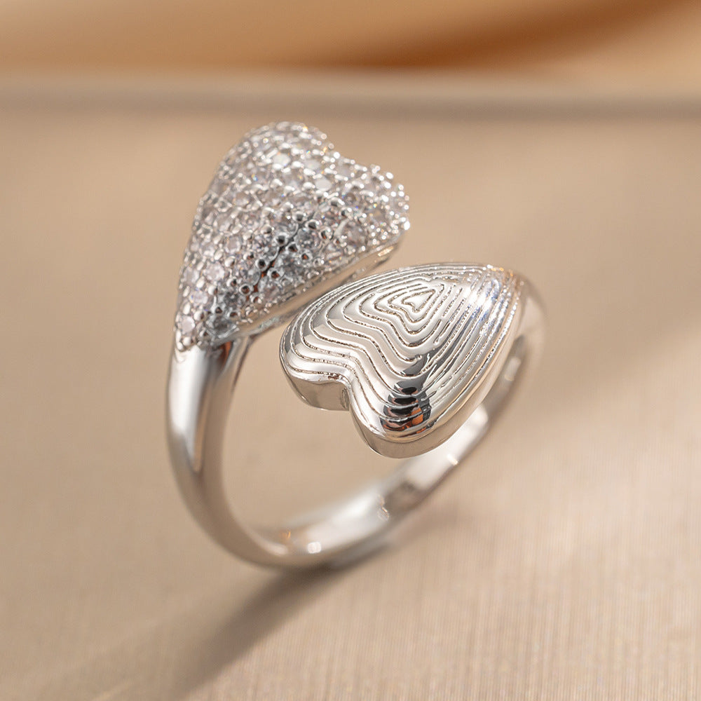 Luxury Minimalist Adjustable Open Ring for Women with Gold-Plated Copper Band and Zircon Stone Accent in Heart and Floral Shape